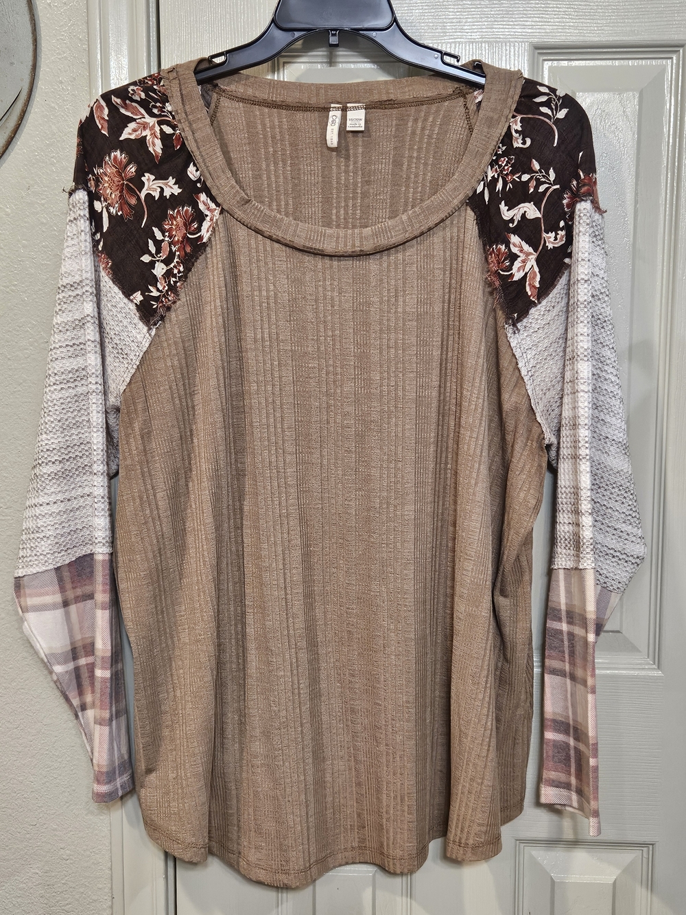 Cato Brown Mixed-Print Long Sleeve Tee with Floral Shoulders